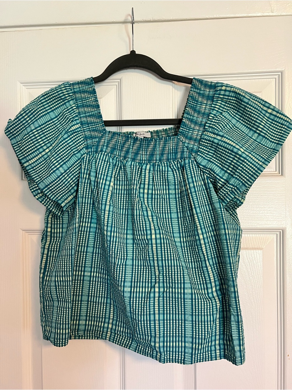 Rails Teal Plaid Smocked Square-Neck Top